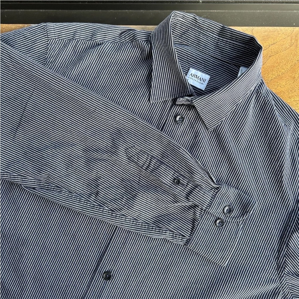 Armani Collezioni Navy White Stripes Button Up Dress Shirt Mens Size Large